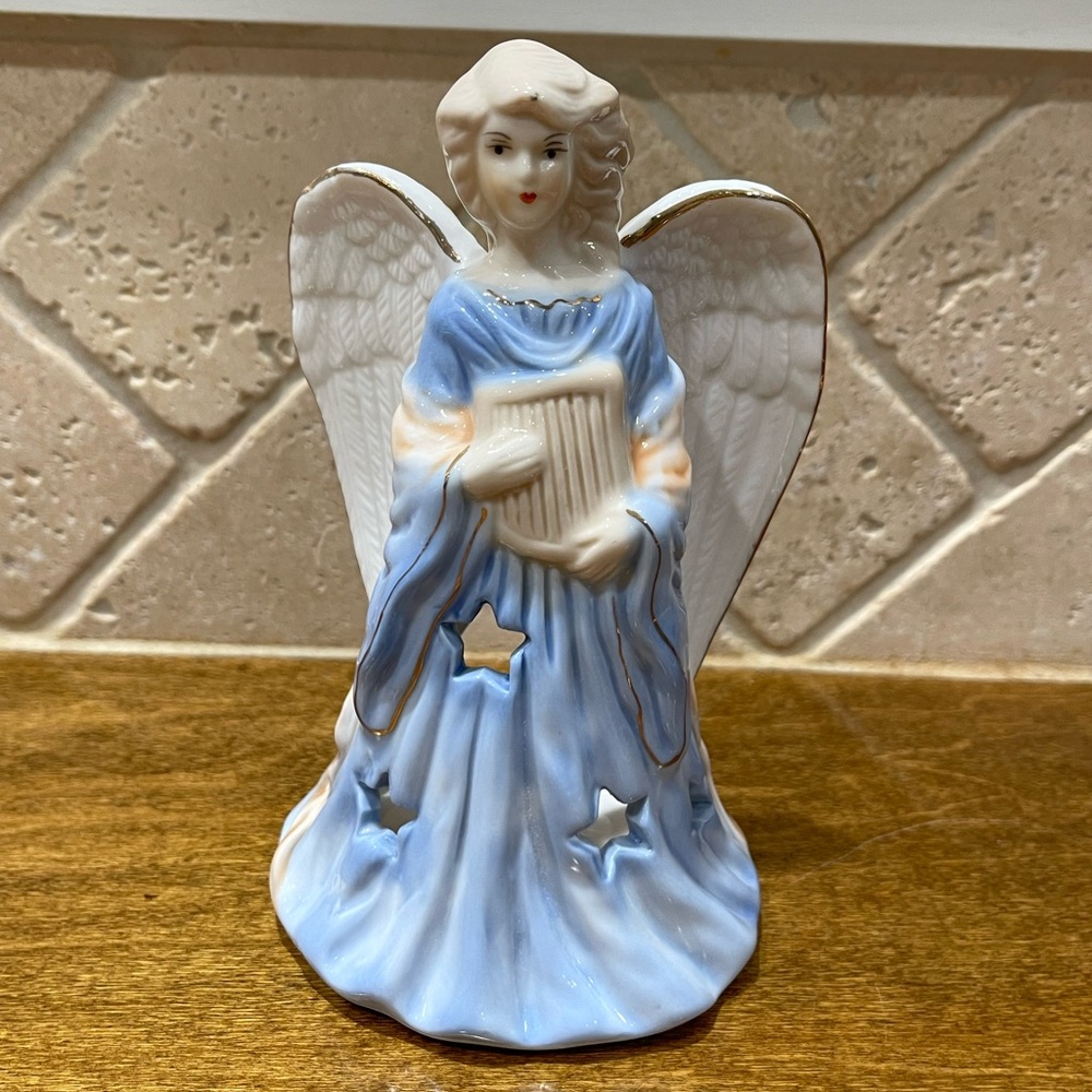 Ceramic Angel Figurine tea light holder with Blue and White Accents